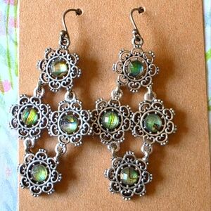 Silver Color Filigree Stunning Earrings with Green Accents